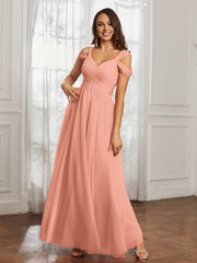 Cap Sleeve Tulle Ruched Floor-length Dress Papaya