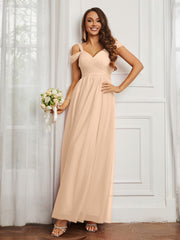 Cap Sleeve Tulle Ruched Floor-length Dress Peach Plus Size