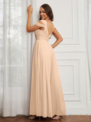 Cap Sleeve Tulle Ruched Floor-length Dress Peach
