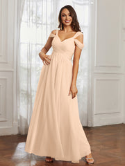 Cap Sleeve Tulle Ruched Floor-length Dress Peach Plus Size