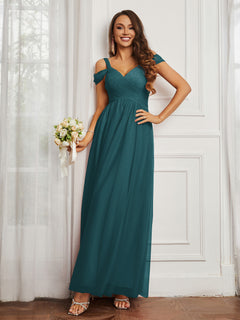 Cap Sleeve Tulle Ruched Floor-length Dress Peacock