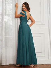 Cap Sleeve Tulle Ruched Floor-length Dress Peacock