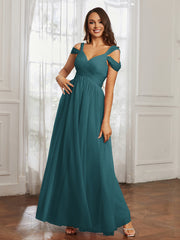 Cap Sleeve Tulle Ruched Floor-length Dress Peacock