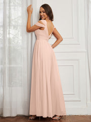 Cap Sleeve Tulle Ruched Floor-length Dress Pearl Pink