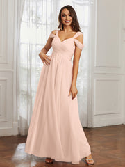 Cap Sleeve Tulle Ruched Floor-length Dress Pearl Pink