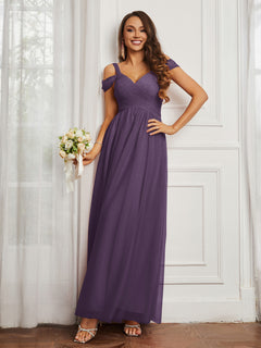 Cap Sleeve Tulle Ruched Floor-length Dress Plum