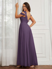 Cap Sleeve Tulle Ruched Floor-length Dress Plum