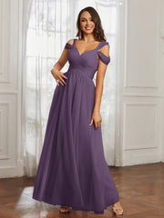 Cap Sleeve Tulle Ruched Floor-length Dress Plum