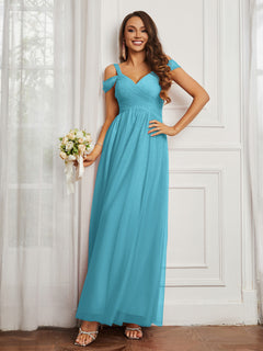 Cap Sleeve Tulle Ruched Floor-length Dress Pool