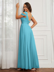 Cap Sleeve Tulle Ruched Floor-length Dress Pool