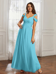 Cap Sleeve Tulle Ruched Floor-length Dress Pool Plus Size