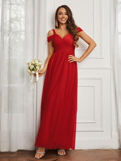 Cap Sleeve Tulle Ruched Floor-length Dress Red