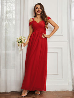 Cap Sleeve Tulle Ruched Floor-length Dress Red Plus Size