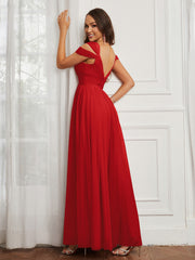 Cap Sleeve Tulle Ruched Floor-length Dress Red