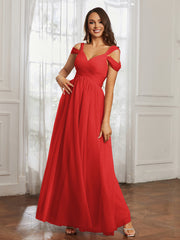 Cap Sleeve Tulle Ruched Floor-length Dress Red