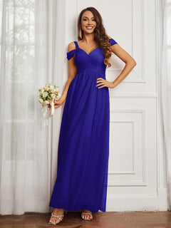 Cap Sleeve Tulle Ruched Floor-length Dress Royal Blue