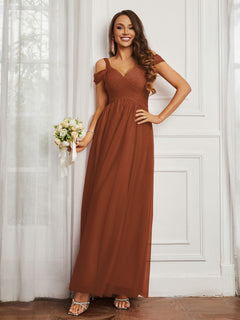Cap Sleeve Tulle Ruched Floor-length Dress Rust