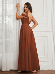 Cap Sleeve Tulle Ruched Floor-length Dress Rust