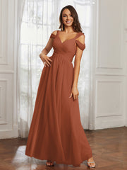 Cap Sleeve Tulle Ruched Floor-length Dress Rust