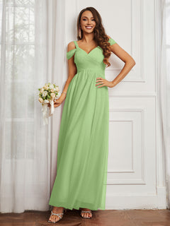 Cap Sleeve Tulle Ruched Floor-length Dress Sage