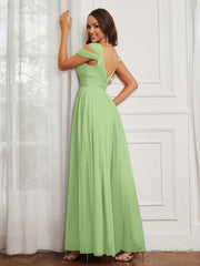 Cap Sleeve Tulle Ruched Floor-length Dress Sage
