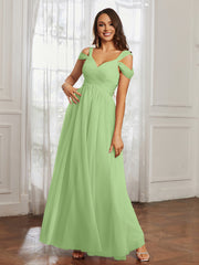Cap Sleeve Tulle Ruched Floor-length Dress Sage