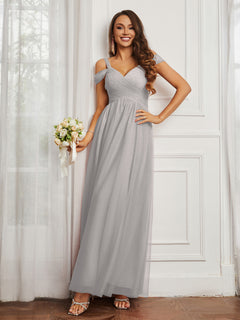 Cap Sleeve Tulle Ruched Floor-length Dress Silver
