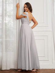 Cap Sleeve Tulle Ruched Floor-length Dress Silver