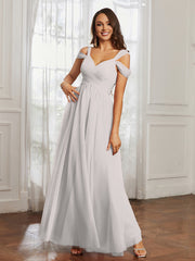 Cap Sleeve Tulle Ruched Floor-length Dress Silver Plus Size