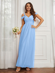 Cap Sleeve Tulle Ruched Floor-length Dress Sky Blue