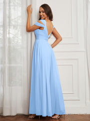 Cap Sleeve Tulle Ruched Floor-length Dress Sky Blue