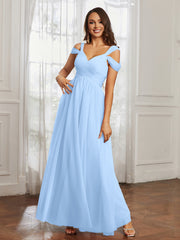 Cap Sleeve Tulle Ruched Floor-length Dress Sky Blue