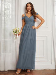 Cap Sleeve Tulle Ruched Floor-length Dress Slate Blue Plus Size