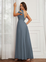 Cap Sleeve Tulle Ruched Floor-length Dress Slate Blue