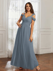 Cap Sleeve Tulle Ruched Floor-length Dress Slate Blue Plus Size