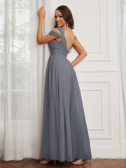 Cap Sleeve Tulle Ruched Floor-length Dress Steel Grey Plus Size