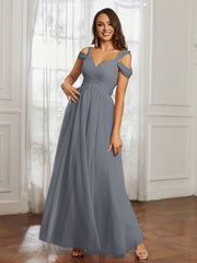 Cap Sleeve Tulle Ruched Floor-length Dress Steel Grey Plus Size