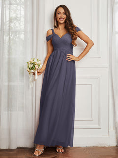 Cap Sleeve Tulle Ruched Floor-length Dress Stormy