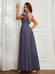 Cap Sleeve Tulle Ruched Floor-length Dress Stormy