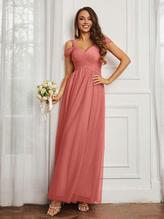 Cap Sleeve Tulle Ruched Floor-length Dress Sunset