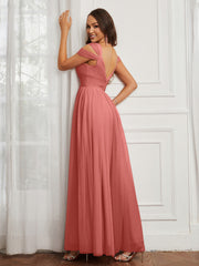 Cap Sleeve Tulle Ruched Floor-length Dress Sunset