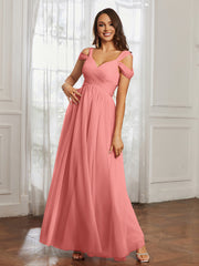 Cap Sleeve Tulle Ruched Floor-length Dress Sunset Plus Size