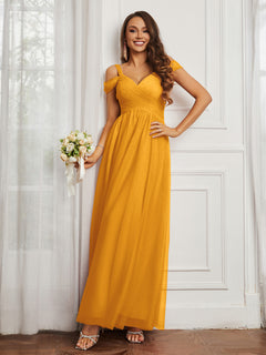 Cap Sleeve Tulle Ruched Floor-length Dress Tangerine