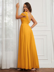 Cap Sleeve Tulle Ruched Floor-length Dress Tangerine Plus Size