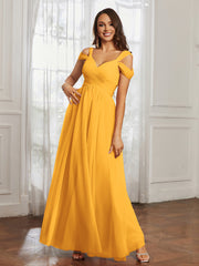 Cap Sleeve Tulle Ruched Floor-length Dress Tangerine