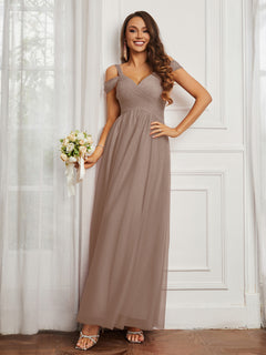 Cap Sleeve Tulle Ruched Floor-length Dress Taupe
