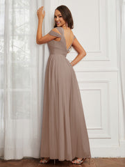 Cap Sleeve Tulle Ruched Floor-length Dress Taupe Plus Size