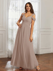Cap Sleeve Tulle Ruched Floor-length Dress Taupe Plus Size