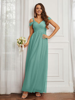 Cap Sleeve Tulle Ruched Floor-length Dress Turquoise