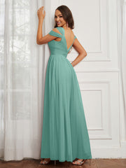 Cap Sleeve Tulle Ruched Floor-length Dress Turquoise